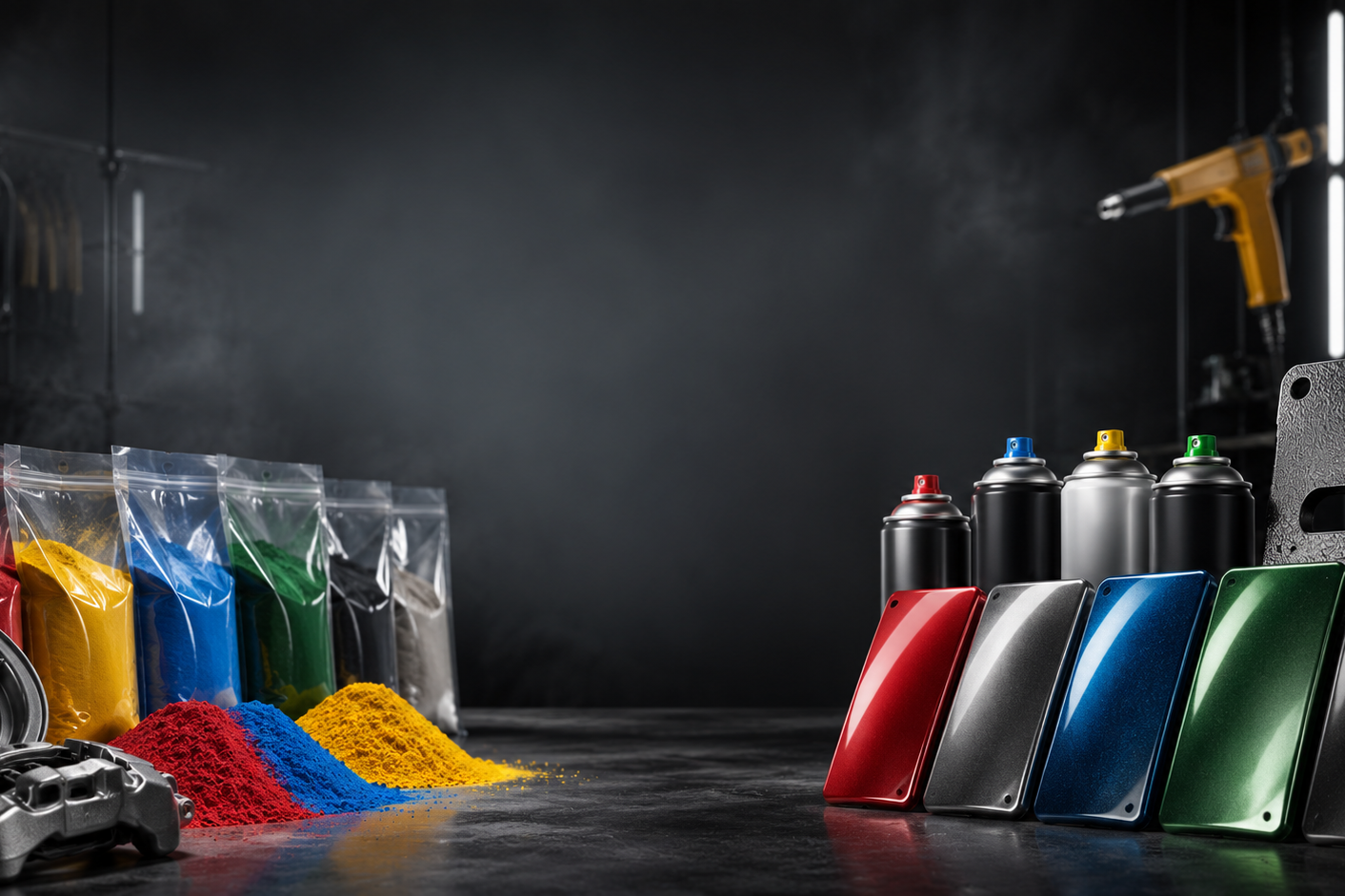 Tintas em pó, sprays e amostras de acabamentos coloridos